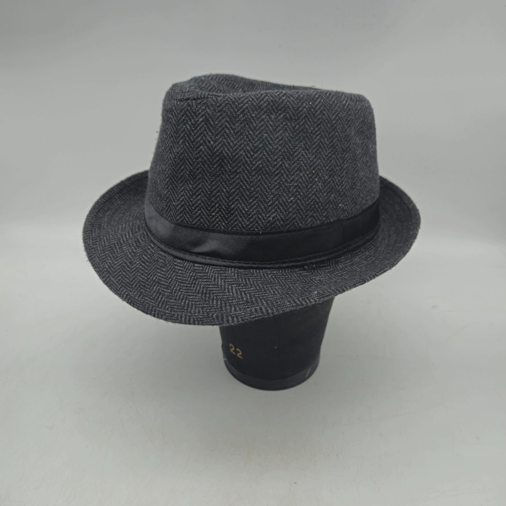 Hipster Fedora Hat Mens Small Medium Gray Polyester‎ Herringbone Black Band